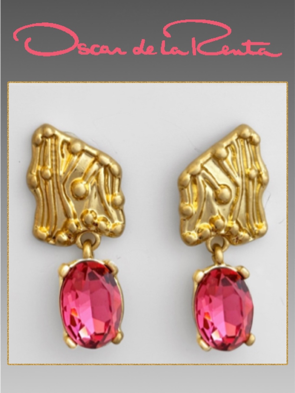 Oscar de la Renta Golden Shield Crystal Dangle Drop Earrings✨Bright Rose Pink✨